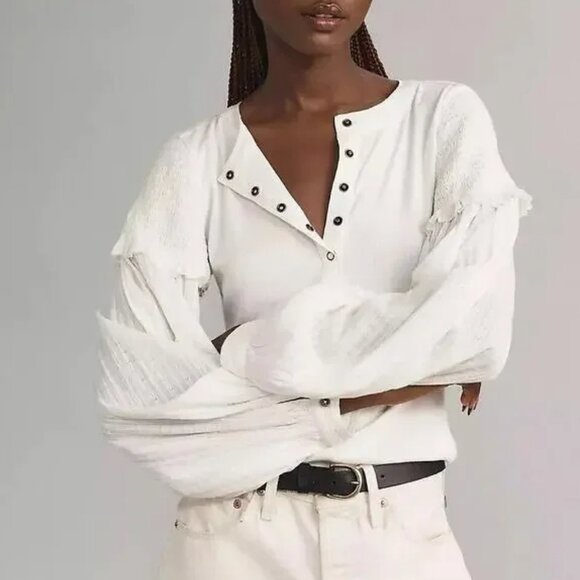 Pilcro Tops - Pilcro The Andie Ribbed Henley Top Balloon Sleeve Blouse - NWT - Small